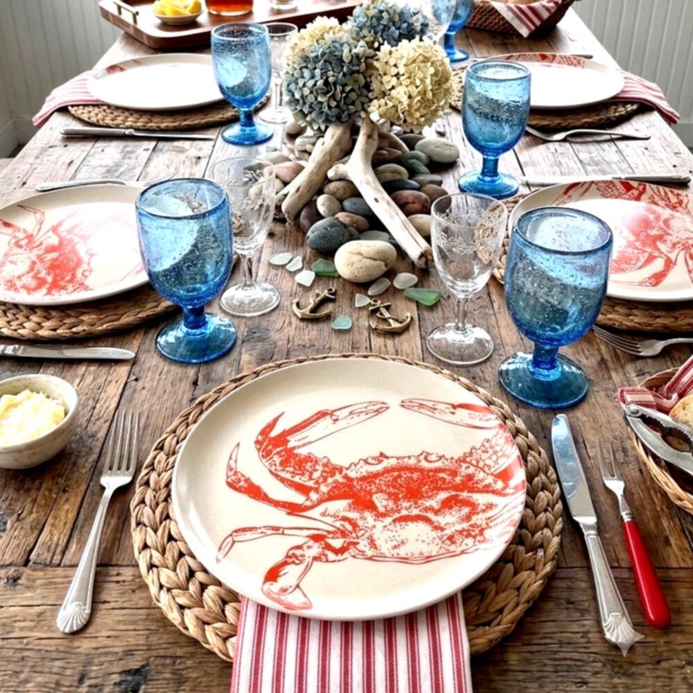 World Market fine-line red sketch crab pattern x4 coastal nautical summer cape